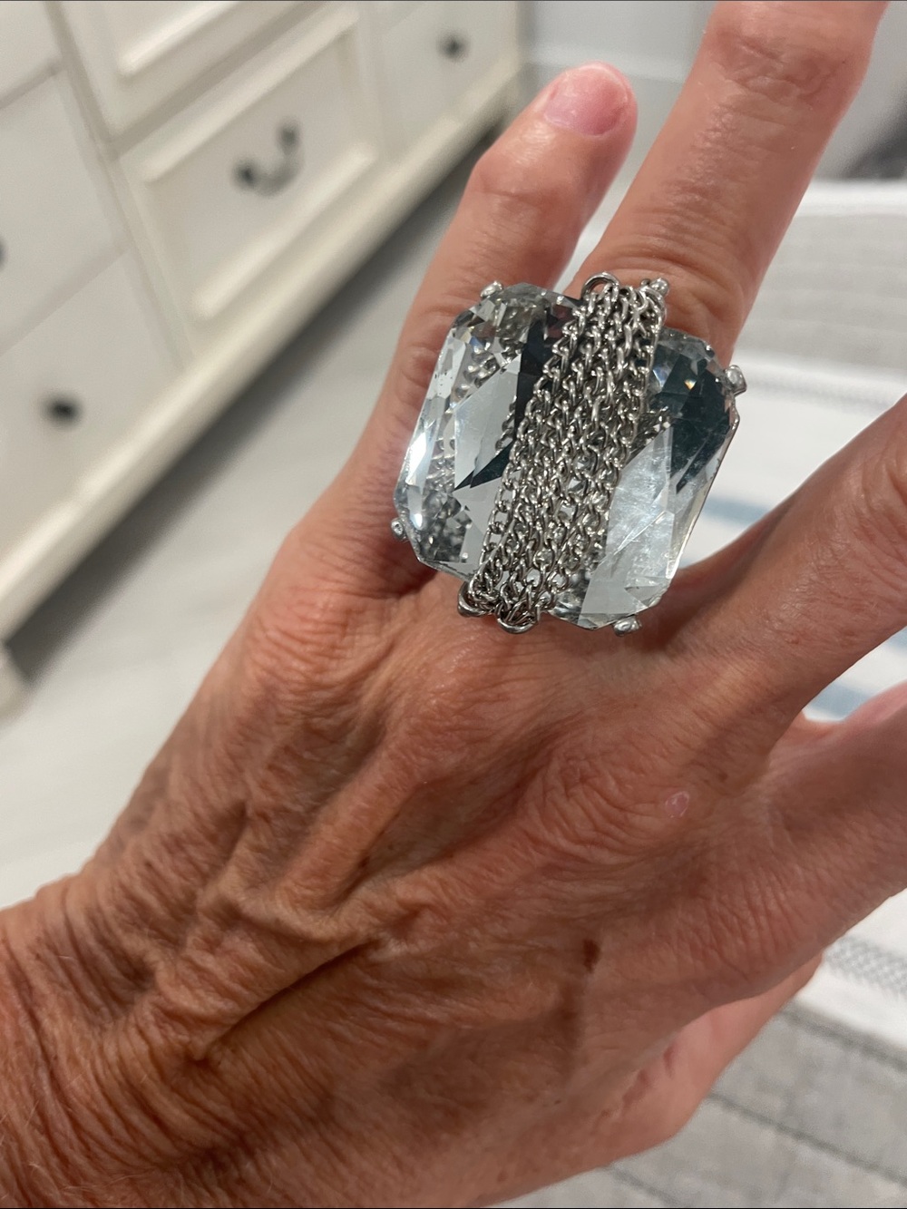 Silver-Tone Crystal like Statement Ring with Chain Accent - Clear